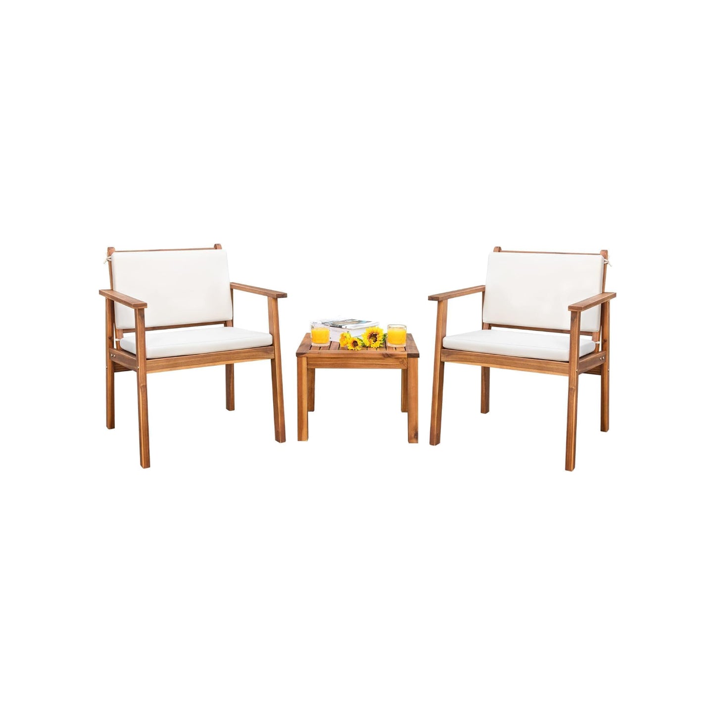 SOLVIA Patio Set 3 Piece Acacia Wood Outdoor Furniture Conversation Seat with Table & Cushions Porch Chairs for Balcony, Deck, Backyard, Beige