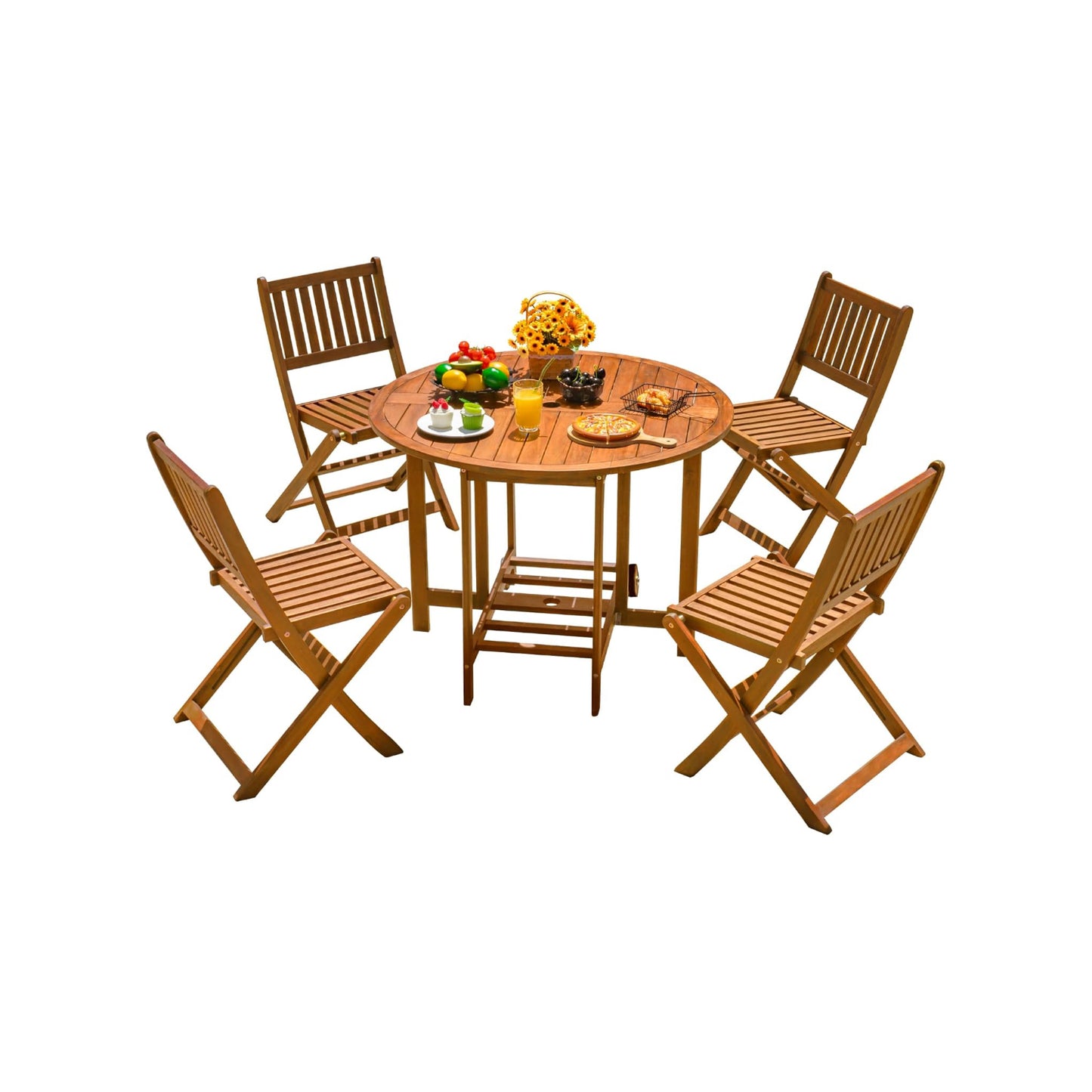 SOLVIA 5 PCS Patio Furniture, Patio Dining Set Acacia Wood Outdoor Table and Chairs, with 4 Folding Chairs and 37" Round Movable Table, Outdoor Dining Set for Lawn, Balcony, Garden (Light Brown)