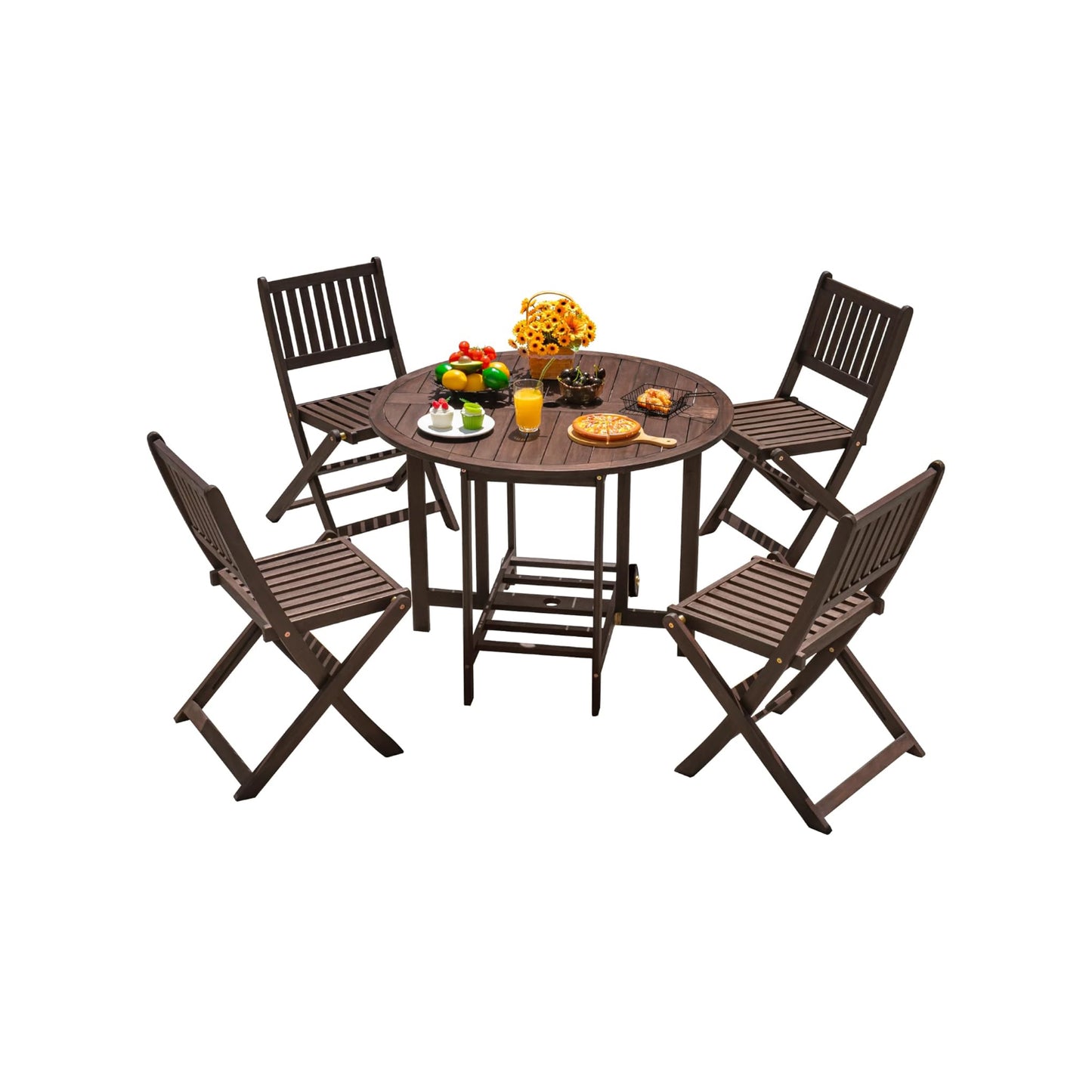 SOLVIA 5 PCS Patio Furniture, Patio Dining Set Acacia Wood Outdoor Table and Chairs, with 4 Folding Chairs and 37" Round Movable Table, Outdoor Dining Set for Lawn, Balcony, Garden (Deep Brown)