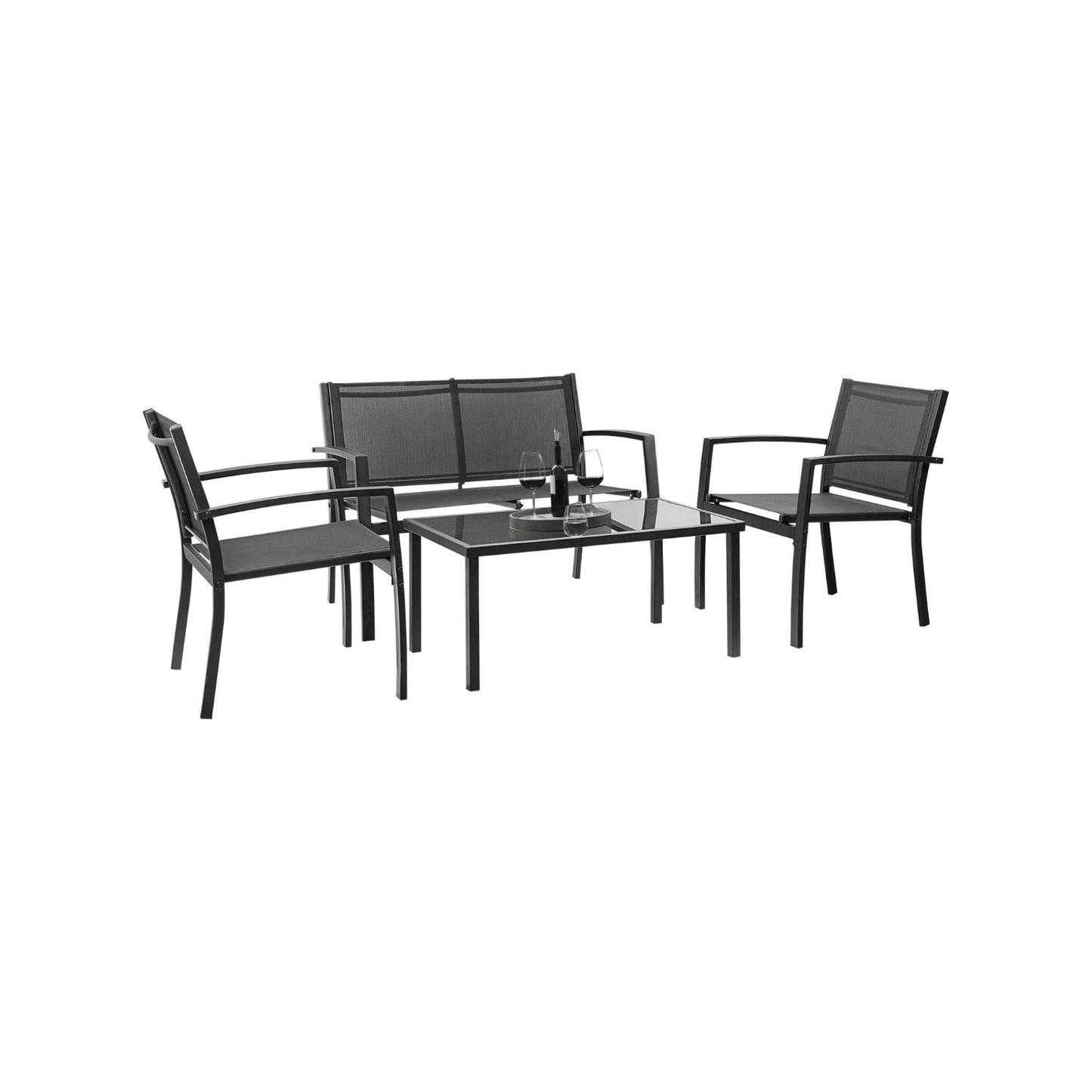 SOLVIA Outdoor Furniture Set 4 Piece Patio Conversation Sets Porch Furniture with Lawn Chairs & Glass Coffee Table for Garden Poolside (Black)