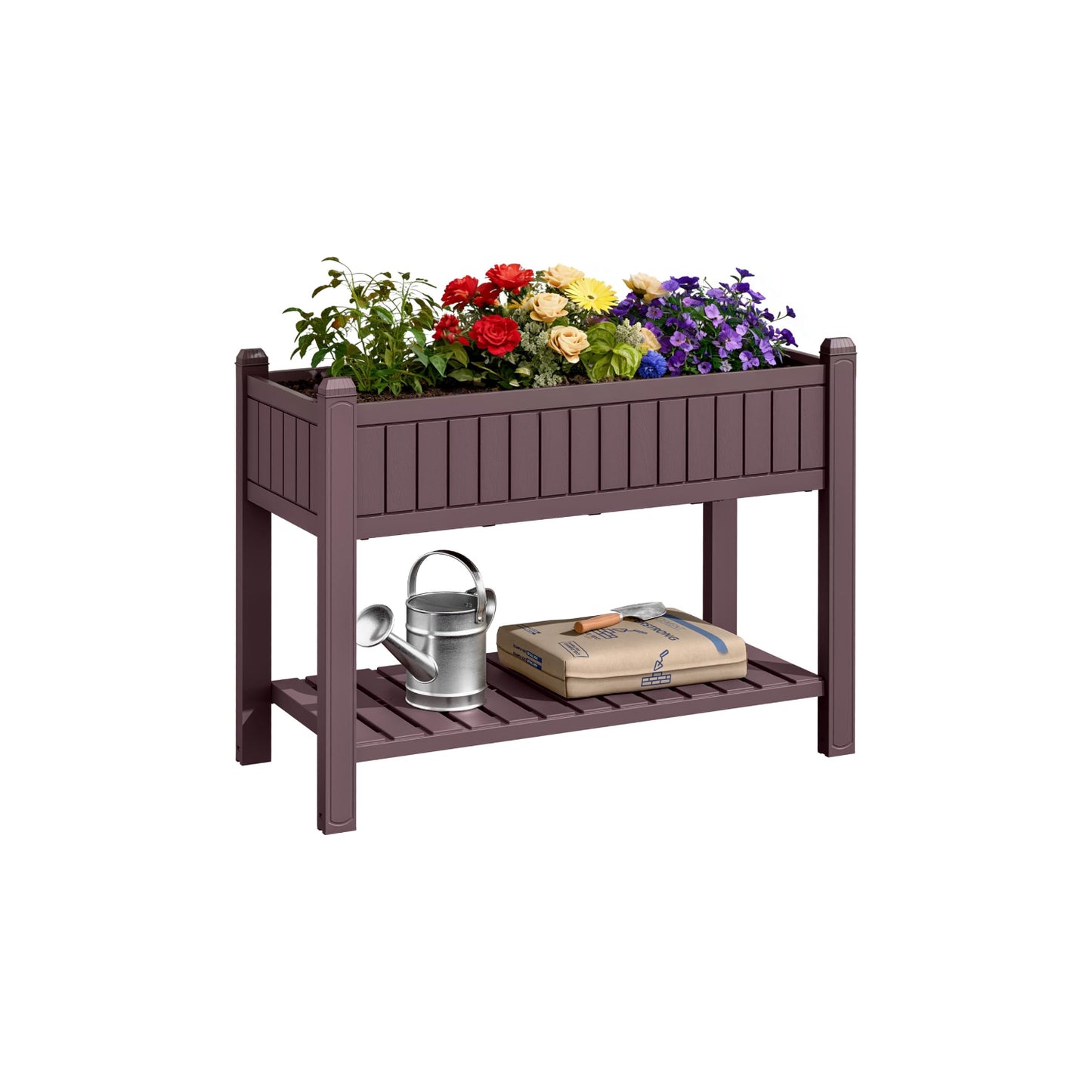 SOLVIA Elevated Resin Raised Garden Bed with Divider, Outdoor Planter Box Stand with Drainage Holes, Ergonomic Height, and Bottom Storage Shelf, for Flowers, Vegetables, and Herbs (Brown)