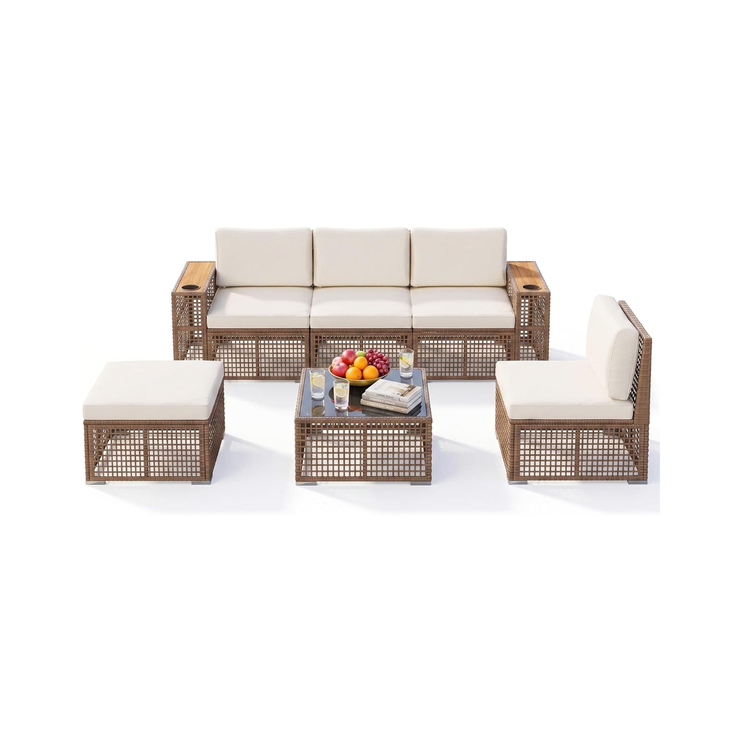 SOLVIA Patio Furniture Set,6 Pieces Outdoor Sectional Sofa with Cup Holder and 7.87in Wider Armrest, PE Wicker Backyard Couch Set with Coffee Table&Glass Tabletop for Deck, Porch（6 pcs）
