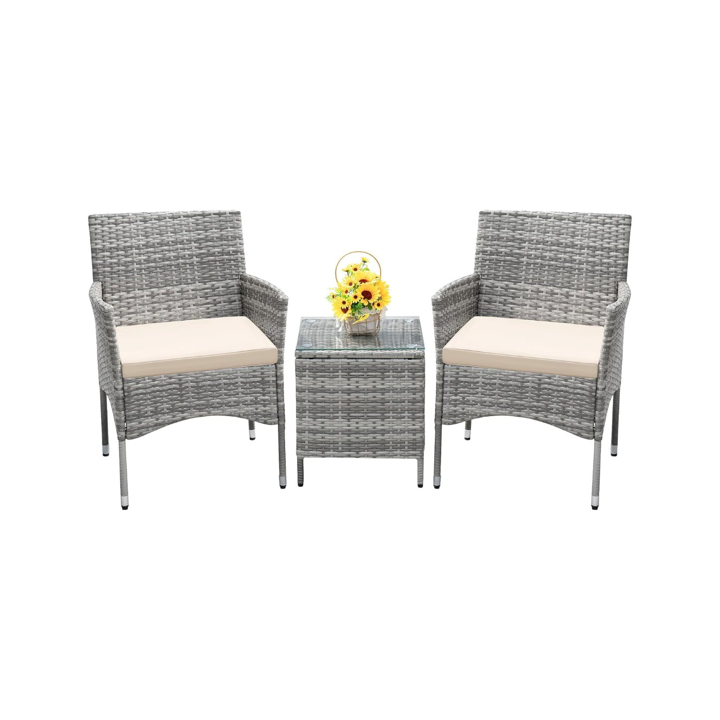 SOLVIA 3 Pieces Patio Furniture Sets Clearance PE Rattan Wicker Chairs with Table Outdoor Garden Porch Furniture Sets (Light Grey)