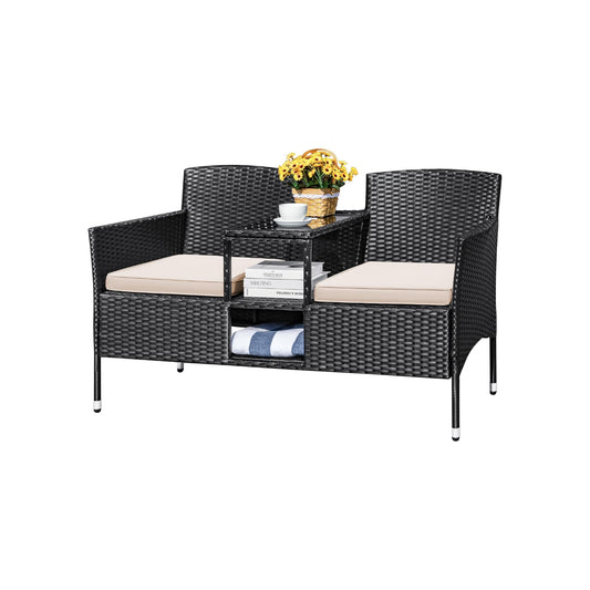 SOLVIA Outdoor Patio Loveseat Modern Rattan 2-Seat Patio Conversation Set with Cushions & Built-in Coffee Table Porch Furniture for Garden Lawn Backyard (Beige)
